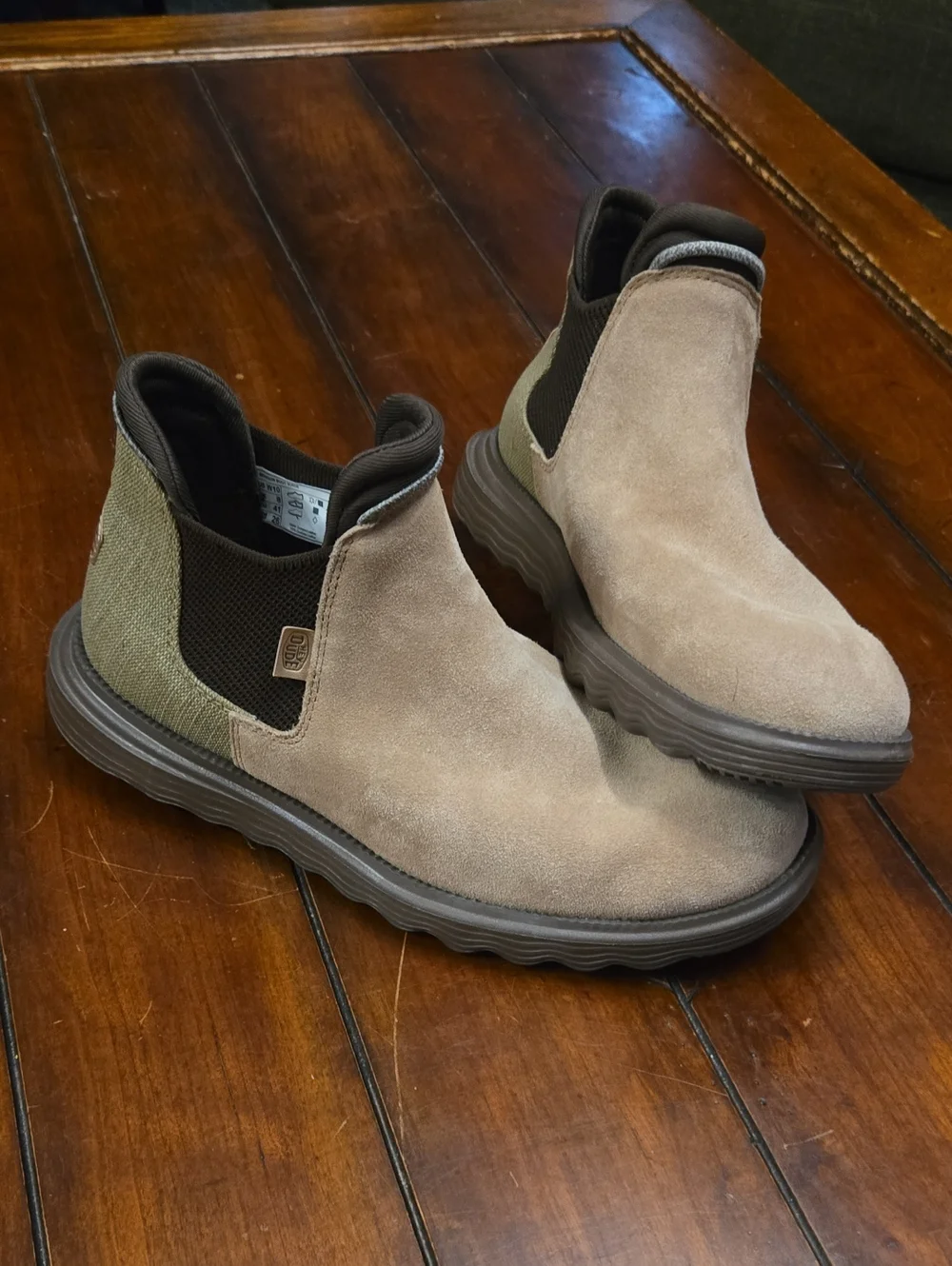 Hey Dude Taupe Suede Chukka Boots with Olive Panels